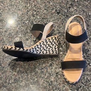 Me Too Womens Sarra black and beige  Stretchy Slingback Wedge Sandals.